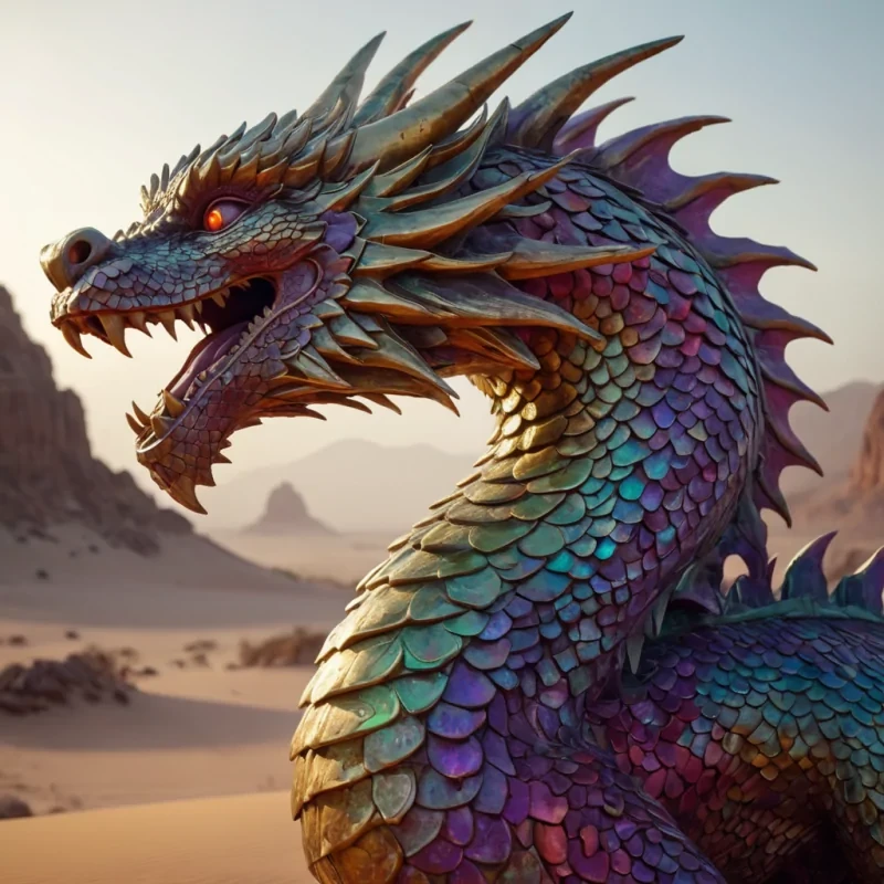 A colossal, ancient stone statue of a serpentine dragon, its scales glistening with iridescent hues, emerges from a vast, misty desert, its eyes aglow with an inner, mystical fire, hyperrealistic, 8K, cinematic lighting, volumetric lighting, atmospheric effects, dynamic lighting, bokeh effect, soft focus, lens flare, golden yellows, fiery reds, and mysterious purples, detailed textures.