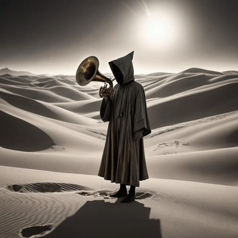 A hyperrealistic, 4K portrait of a whimsical, levitating vintage phonograph, its brass horn emitting ethereal, otherworldly melodies, set against a surreal, monochromatic landscape of undulating, shadowy dunes, with volumetric lighting casting dramatic shadows and emphasizing the intricate, art deco design, and a subtle, cool bokeh effect creating a sense of isolation and enchantment, while a spectral, ethereal figure, cloaked in a tattered, hooded robe, stands silently at the edge of the frame, their face obscured by shadows, adding an enigmatic, haunting touch to the otherwise abstract scene.
