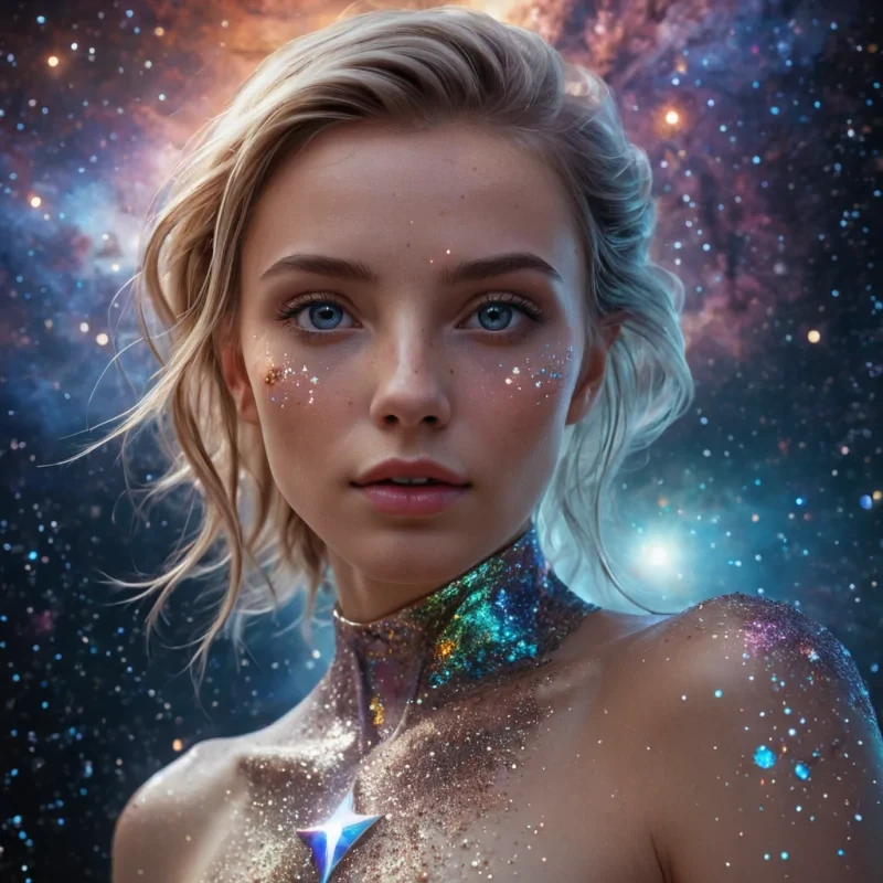 A hyperrealistic, 4K, ultra HD portrait of a stargazer, her skin shimmering with the iridescent hues of a meteorite. The stargazers eyes, a deep, enigmatic topaz, hold the secrets of a thousand celestial bodies. Her hair, a cascade of shimmering, holographic star charts, gently pulses with each beat of her cosmic heart. The background is a surreal, hightech observatory filled with floating, selfassembling telescopes and the soft glow of quantum astrolabes. Cinematic lighting accentuates the stargazers otherworldly beauty, while a subtle bokeh effect blurs the neonlit universe, creating an intimate, focused atmosphere.