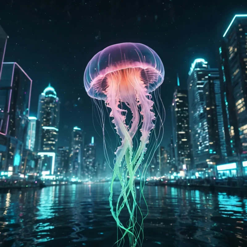 A levitating, luminescent jellyfish drifts through a neonlit underwater metropolis, its tendrils emitting pulses of bioluminescent light that illuminate the futuristic cityscape, hyperrealistic, 4K, cinematic lighting, volumetric lighting, atmospheric effects, dynamic lighting, bokeh effect, soft focus, lens flare, electric blues, neon greens, and glowing pinks, detailed textures.
