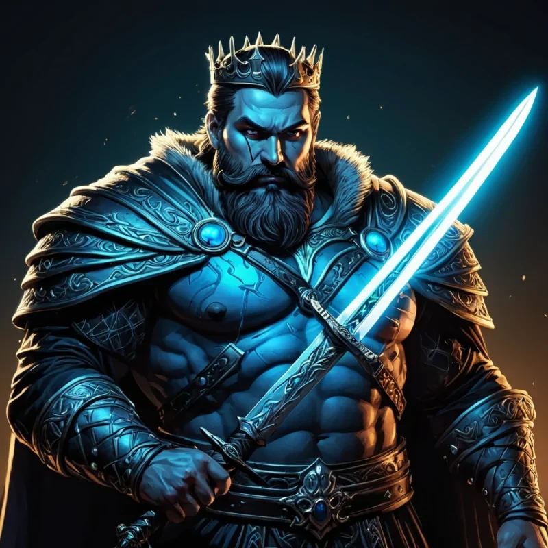 A modern handsome evil king has gotten chubby and grown a little beard with a sword in his hand