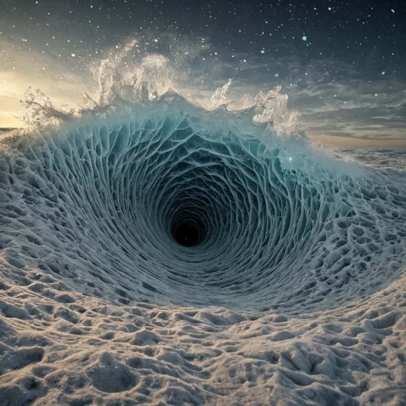 A single, selfilluminating nebula of reversed silence, shaped like a 41dimensional lattice of unformed sound and inverted resonance, drifts through the center of a vast, inverted ocean of solidified breatheach wave frozen midcrest in the exact moment between a whispered secret and a held breath, carved from the fossilized residue of a civilization that measured truth not by speech, but by the duration of synchronized, breathless stillness held just before the first word was ever permitted to vibrate in the air. The nebula does not emitit unhears, each spiraling coil shedding a layer of auditory potential that never coalesced into a shared understanding, reforming into ephemeral, silverthreaded afterimages