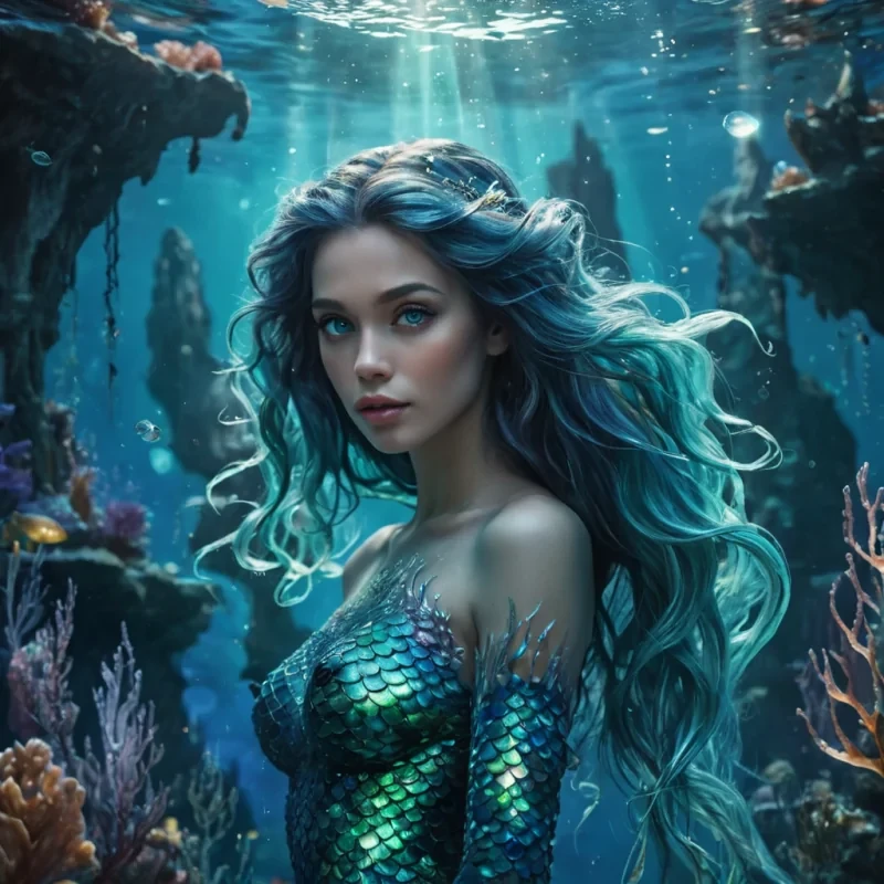 A hyperrealistic, 4K, ultra HD portrait of an aquatic mermaid, her iridescent scales shimmering with the colors of the oceans depths. The mermaids eyes, a deep, mysterious blue, hold the secrets of the seas ancient wisdom. Her hair, a cascade of shimmering, bioluminescent seaweed, gently sways with each movement of her ethereal form. The background is a surreal, underwater cityscape of crystalline spires and floating islands, with distant merfolk and exotic sea creatures casting a soft, ethereal glow. Cinematic lighting accentuates the mermaids otherworldly beauty, while a subtle bokeh effect blurs the enchanting underwater realm, creating an intimate,