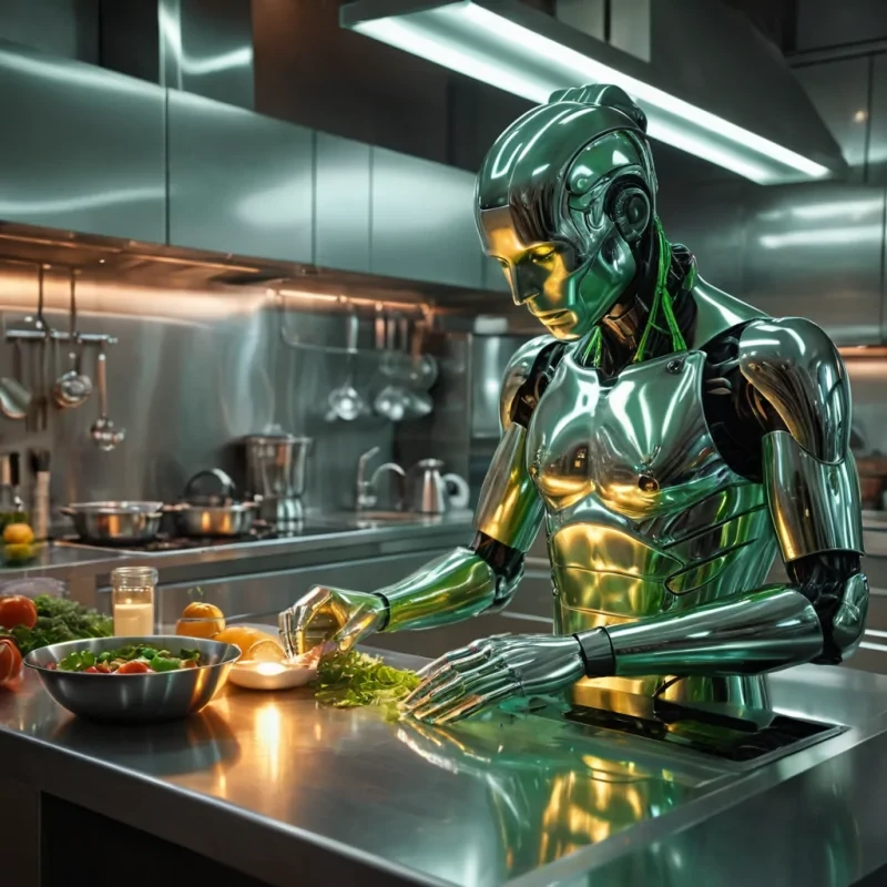 A hyperrealistic, 4K, ultra HD portrait of an android chef, his polished chrome body glistening under the warm glow of a futuristic kitchen. The chefs eyes, a deep, passionate green, hold the essence of a thousand culinary secrets. His hair, a cascade of shimmering, holographic ingredients, gently pulses with each beat of his artificial heart. The background is a surreal, hightech kitchen of gleaming metallic surfaces and floating, interactive screens, with the distant hum of advanced appliances and the soft glow of ambient lighting casting a cozy ambiance. Cinematic lighting accentuates the chefs otherworldly beauty, while a subtle bokeh effect blurs the futuristic kitchen, creating an intimate, focused atmosphere.