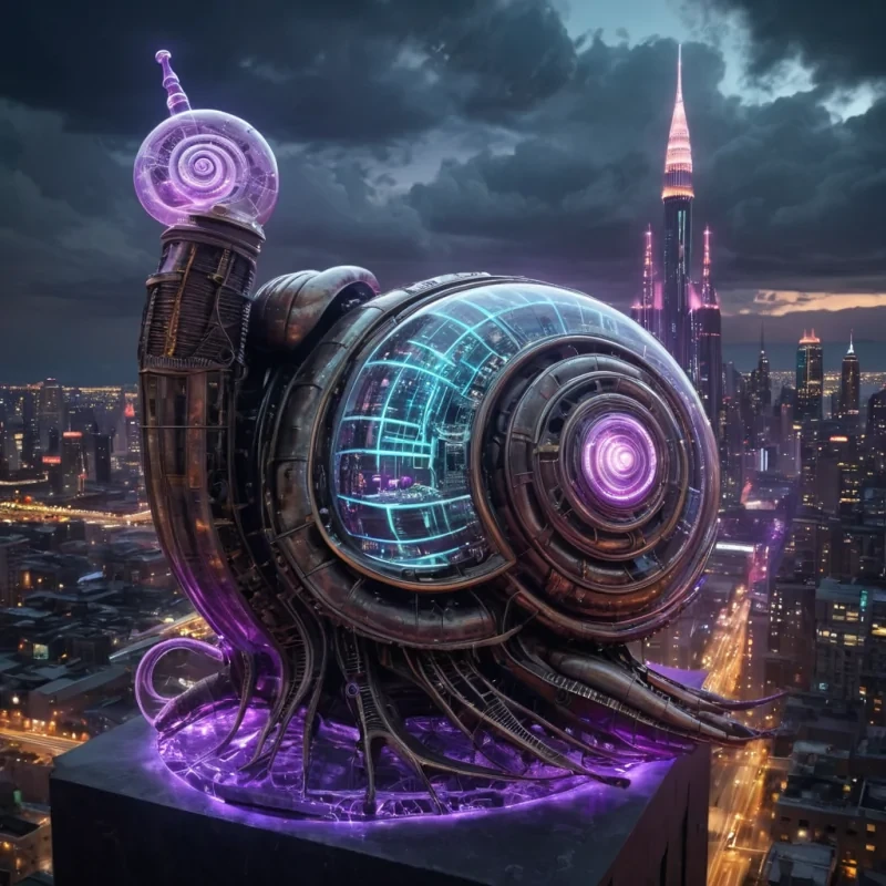 A colossal, ancient, mechanical snail, its metallic shell adorned with intricate, pulsating neon circuits, inches through a stormy, amethyst nebula. Within its transparent, bioluminescent body, a labyrinthine, neonlit cityscape sprawls, its towering, glass spires casting ephemeral shadows on the citys sentient, robotic inhabitants. Rendered in ultra HD, with dynamic lighting, atmospheric effects, and vibrant colors, evoking a sense of surreal, otherworldly wonder at this celestial, mechanical marvel.