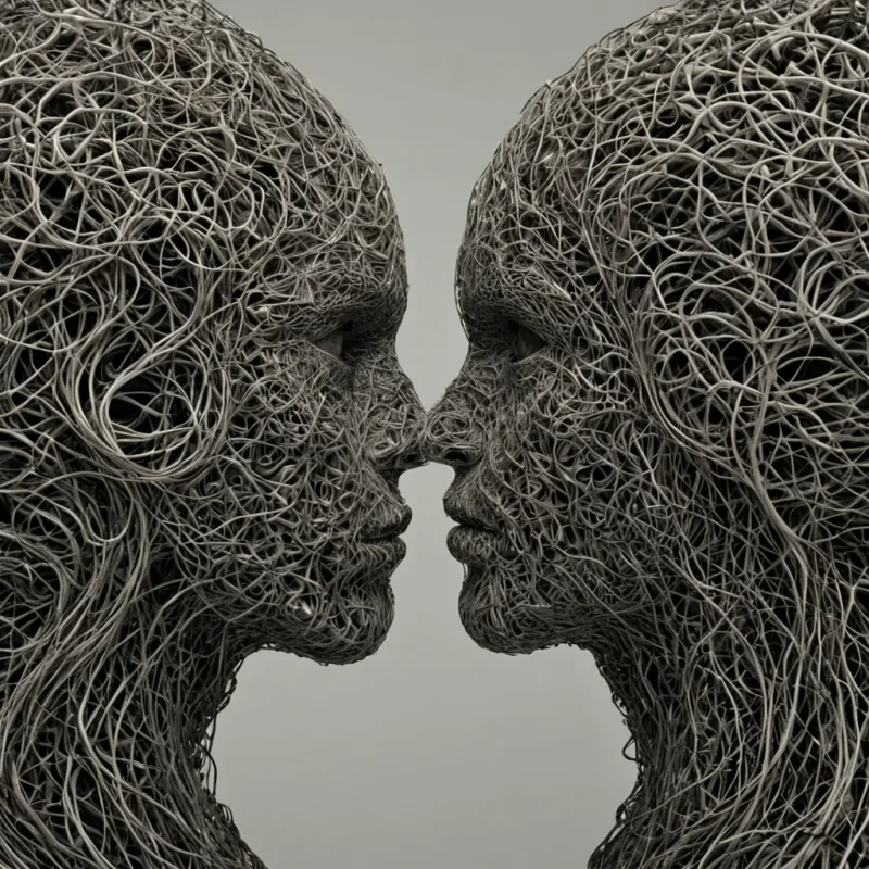 A single, selfrewriting filament of solidified paradox, shaped like a spiraling, noncausal tangle of reversed logic threads, pulses at the center of a vast, suspended archive of unasked questions floating in the event horizon between two silent, mirrored minds. The filament does not reasonit unthinks, each twist unraveling a layer of inquiry that never coalesced into meaning, reforming into ephemeral, fractalized silhouettes shaped like the negative space between two eyes that never met in the same moment of mutual curiosity. The archive is not epistemologicalit is a layered expanse of petrified wonder, each shelf etched with the cognitive residue of a question that was almost formed, its surface