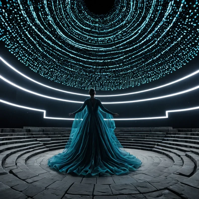 A hyperdetailed, eyelevel shot of a vast, circular amphitheater constructed from polished, mirrorfinish chrome that reflects a surreal, starless midnight sky. The seating area consists of concentric rings of floating, geometric stone blocks in varying shades of slate grey and charcoal, suspended in midair by invisible magnetic fields. In the center of the stage, a solitary figure dressed in an elaborate, avantgarde gown made of layered, translucent organza in deep indigo and electric blue stands with arms outstretched. The gowns hem dissolves into a cascade of glowing, bioluminescent plankton that drift upward like reverse rain, creating a vertical trail of soft teal light. The atmosphere is crisp and clear, with sharp focus