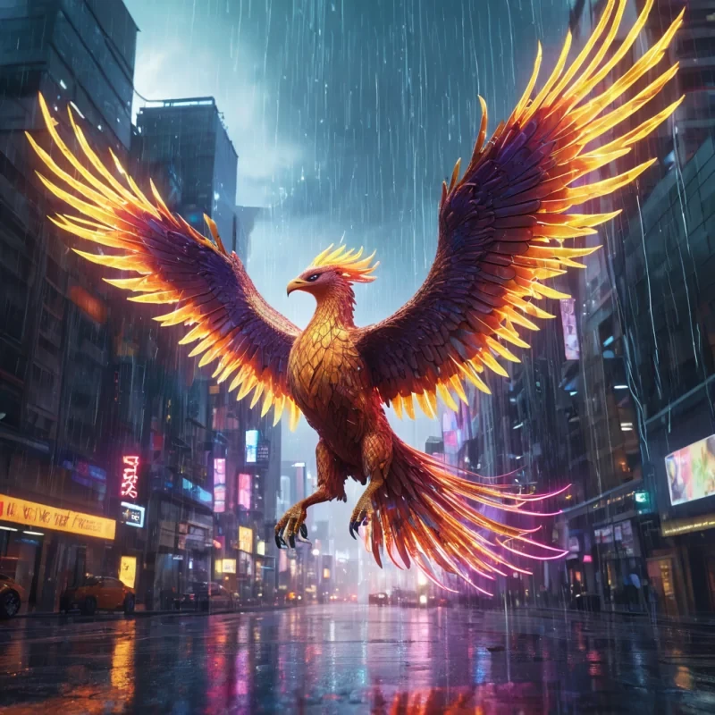 A neonlit, cybernetic phoenix soaring through a digital rainstorm in a holographic cityscape, hyperrealistic, Ultra HD, cinematic lighting, volumetric lighting, atmospheric effects, dynamic lighting, lens flare, vibrant colors, detailed textures.