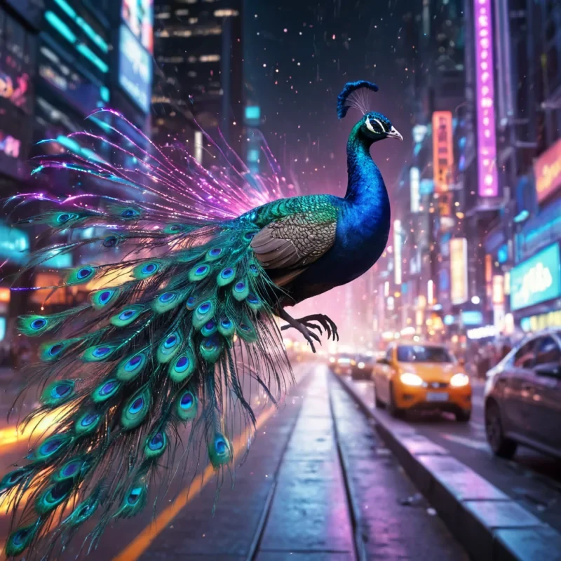 A levitating, iridescent peacock glides over a futuristic, neonlit metropolis, its tail feathers leaving trails of stardust, hyperrealistic, ultra HD, cinematic lighting, volumetric lighting, atmospheric effects, bokeh effect, vibrant colors, detailed textures.