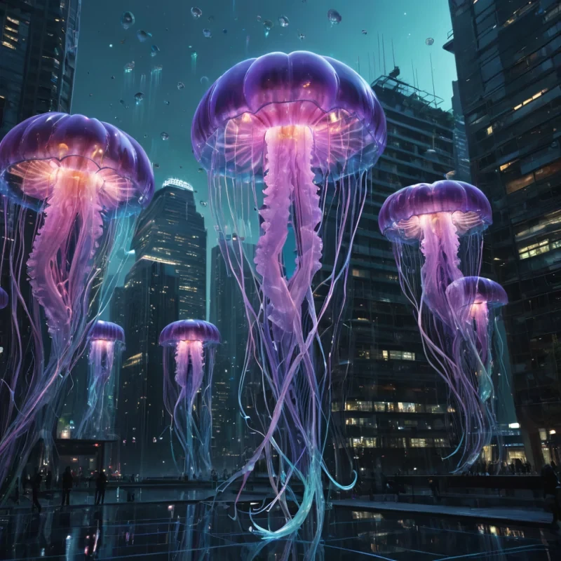Photorealistic, colossal, iridescent, floating, jellyfish metropolis, its hyperrealistic, 4K, pulsating, translucent structures unfurling ultra HD, zero gravity, hydrosonic ecosystems. Volumetric lighting from unseen, pulsating, bioluminescent hearts etches the citys ethereal, organic architecture, casting intricate, dynamic, neon shadows on the inverted, reflective void. Cinematic lighting bathes the scene in vibrant, otherworldly hues, with lens flare emphasizing the citys central, radiant, throbbing, crystalline heart, pulsating with captive, alien, hydrosonic energy.