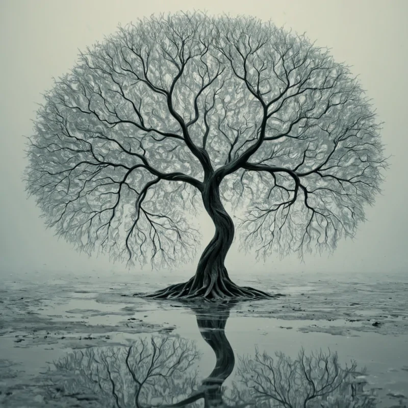A single, pulsating fractal tree of solidified static and woven silence grows from the center of a vast, still plain made entirely of powdered time, its branches not reaching upward but spiraling inward like the memory of a breath held too long. The tree does not growit resonates, emitting not sound but a low, harmonic frequency that causes the plain to ripple like a frozen lake of liquid memory, each ripple forming the shape of a question that was never asked. The roots are not buriedthey float, suspended in a thick, viscous layer of compressed silence, their tips glowing faintly with the afterimage of a conversation that happened in reverse. The leaves are not greenthey are translucent, crystalline shards etched with the faint,