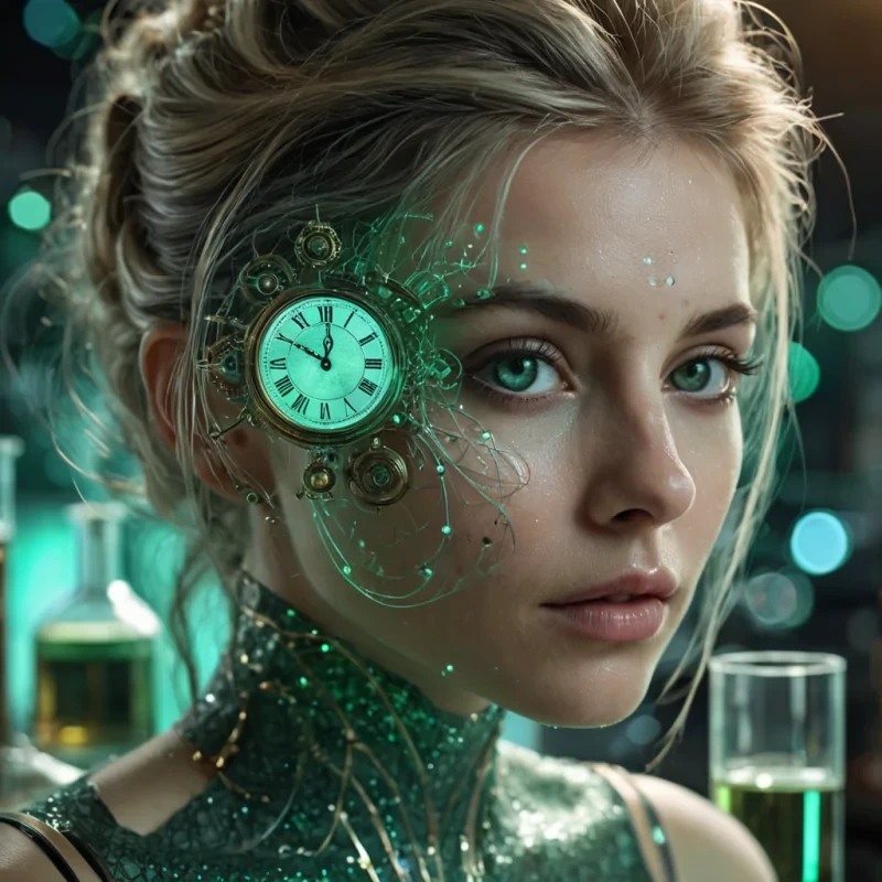 A hyperrealistic, 4K, ultra HD portrait of a timetraveling alchemist, her skin etched with the intricate lines of a clock face. The alchemists eyes, a deep, enigmatic emerald, hold the secrets of a thousand temporal reactions. Her hair, a cascade of shimmering, holographic hourglasses, gently pulses with each beat of her timeless heart. The background is a surreal, hightech laboratory filled with floating, selfmixing beakers and the soft glow of quantum microscopes. Cinematic lighting accentuates the alchemists otherworldly beauty, while a subtle bokeh effect blurs the neonlit timeline, creating an intimate, focused atmosphere.