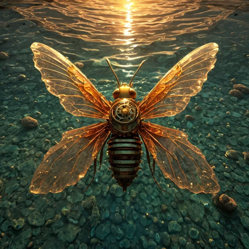 A single, hummingbirdsized clockwork bee made of woven, selfrepairing coral and solidified sunlight hovers in the center of a vast, still lagoon of liquid memory, its wings not translucent but composed of shimmering, iridescent fragments of forgotten melodies. The bee does not flyit pulses, its body resonating with a low, harmonic vibration that emits faint, visible ripples in the air, each one forming the shape of a word that was never spoken but was felt in the silence between heartbeats. Its abdomen glows with a soft, pulsing amber light, revealing a miniature, rotating planetoid insidea world made entirely of solidified dreams, where rivers flow with condensed laughter and mountains rise from the weight