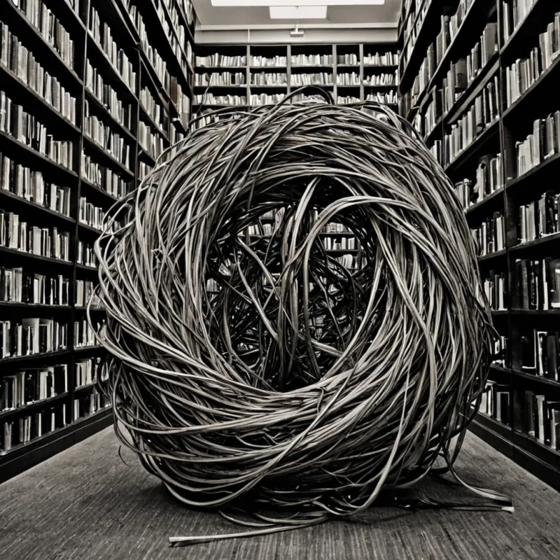 A single, selfrewriting filament of reversed language, shaped like a 13,842dimensional tangle of unformed syntax and inverted meaning, drifts through the hollow core of a vast, inverted library of solidified silence. Each knot is spun from the exact moment between a word forming in the mind and its refusal to be spoken, a sentence unraveling into nonsense before it can be written, a name whispered into the dark and dissolving into nonidentity. The filament does not communicateit uncommunicates, each shimmering twist shedding a layer of semantic potential that never coalesced into truth, narrative, or the weight of being understood. As it pulses backward through the librarys glasswalled shelves, every book
