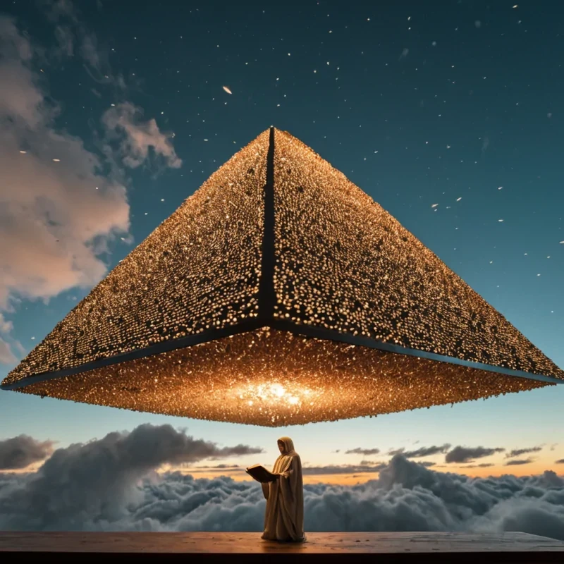 A wideangle, cinematic shot of a colossal, floating archive suspended in a sky filled with thick, swirling clouds of crushed pearl powder. The structure is a massive, inverted pyramid made of translucent, frosted alabaster, its interior illuminated by a soft, diffuse light emanating from thousands of tiny, hovering orbs of liquid gold that drift like slowmoving fireflies. In the foreground, a figure clad in a textured, creamcolored knit poncho with intricate, embroidered geometric patterns in deep teal and rust stands on a narrow, circular balcony made of polished cedar. The figure holds a delicate, open book with pages made of thin, flexible sheets of copper that reflect the ambient golden glow. The background features a shallow depth of field, blurring the