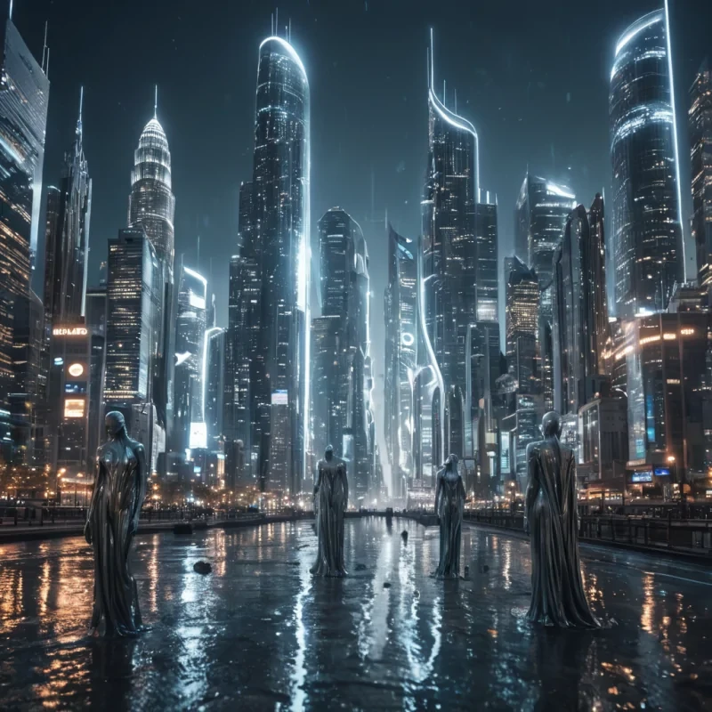 A sprawling, futuristic cityscape where skyscrapers morph into colossal, living statues, their surfaces flowing like liquid metal under the glow of levitating, holographic moons, hyperrealistic, 8K, cinematic lighting, volumetric lighting, atmospheric effects, dynamic lighting, bokeh effect, soft focus, lens flare, cool silvers and electric blues, detailed textures.