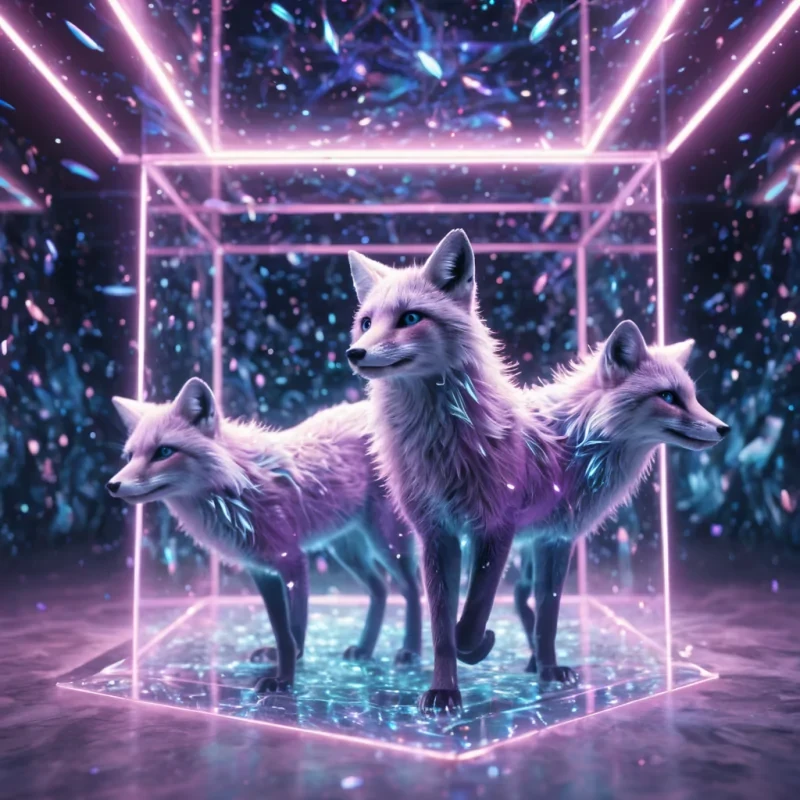 Hyperrealistic neon foxes with reflective metallic fur prancing in a cubic sapphire chamber filled with swirling quantum mist, holographic stars twinkling in volumetric lighting, soft focus, pastel tones, 4K