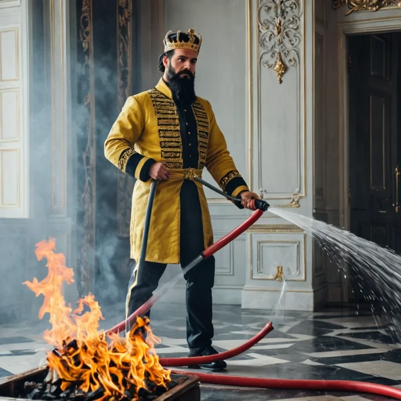 Modern, handsome king with a black beard is working a fire hose putting out a fire in the palace.