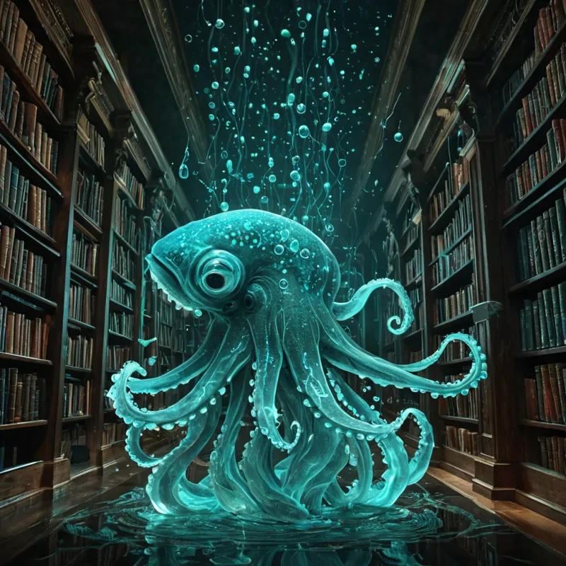 A colossal, bioluminescent koi fish drifts through a submerged library of floating glass shelves, each holding glowing scrolls of liquid ink that ripple with forgotten languages. The water around it shimmers with auroras of turquoise and silver, refracting through suspended, crystalline bubbles that hum with faint harmonic frequencies. In the distance, a phosphorescent octopus with tentacles made of living yarn weaves through the shelves, carefully rearranging the scrolls. The entire scene is bathed in cinematic lighting with volumetric beams cutting through the deepsea mist, illuminating ancient runes that pulse softly on the walls like breathing constellations. The image is hyperrealistic, rendered in 4K Ultra HD with intricate details on each scale and