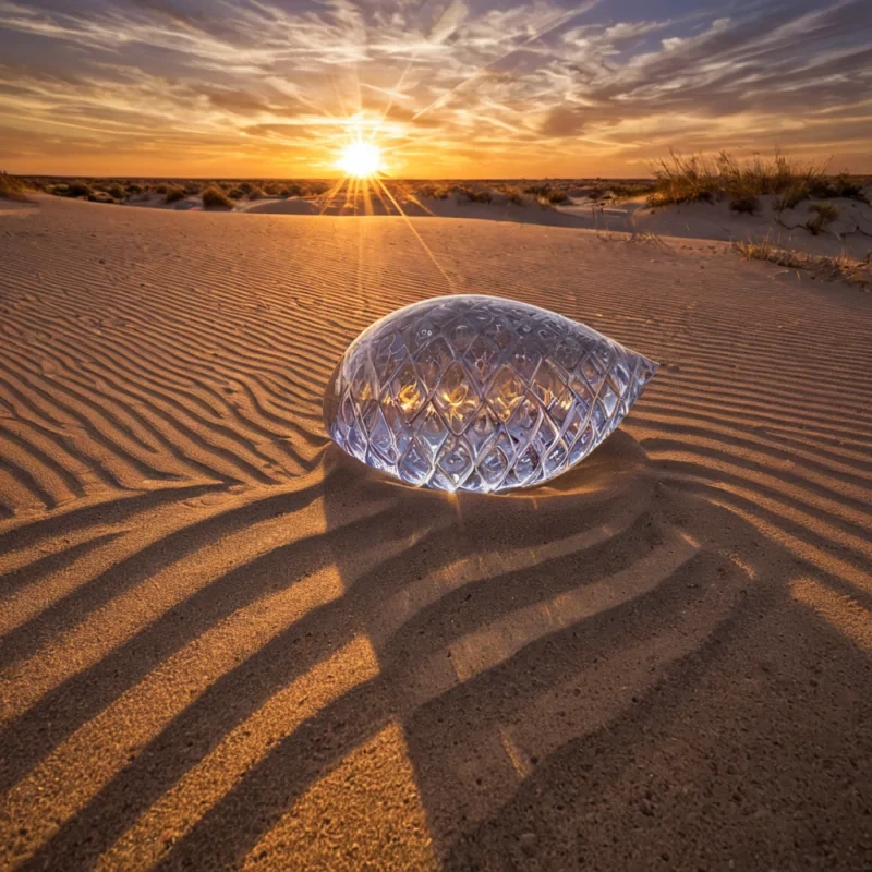 A shimmering silver pod rests peacefully on a sanddusted prairie under a vibrant sunset. The pod, adorned with intricate geometric patterns etched into its surface, reflects the golden hues of the sky, creating a tapestry of warm, radiant light. In the foreground, delicate, floating petallike crystals drift gracefully, catching the suns rays and casting delicate shadows across the smooth, rippling sand. A gust of wind stirs the crystal formations, adding a sense of movement to the serene scene. The sky above is alive with swirling gradients of amber, teal, and purple, reminiscent of a painters canvas, while a subtle lens flare pierces through the golden horizon, enhancing the composition with ethereal beauty. The overall atmosphere is Hyper