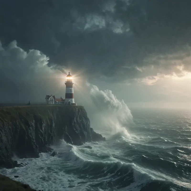 A lone, ancient lighthouse standing on a cliff overlooking a vast, stormy sea, its beam of light cutting through the dense fog, revealing ghostly, ethereal figures dancing on the waves, hyperrealistic, 4K, cinematic lighting, volumetric lighting, atmospheric effects, dynamic lighting, bokeh effect, soft focus, lens flare, dramatic storm clouds, detailed textures.