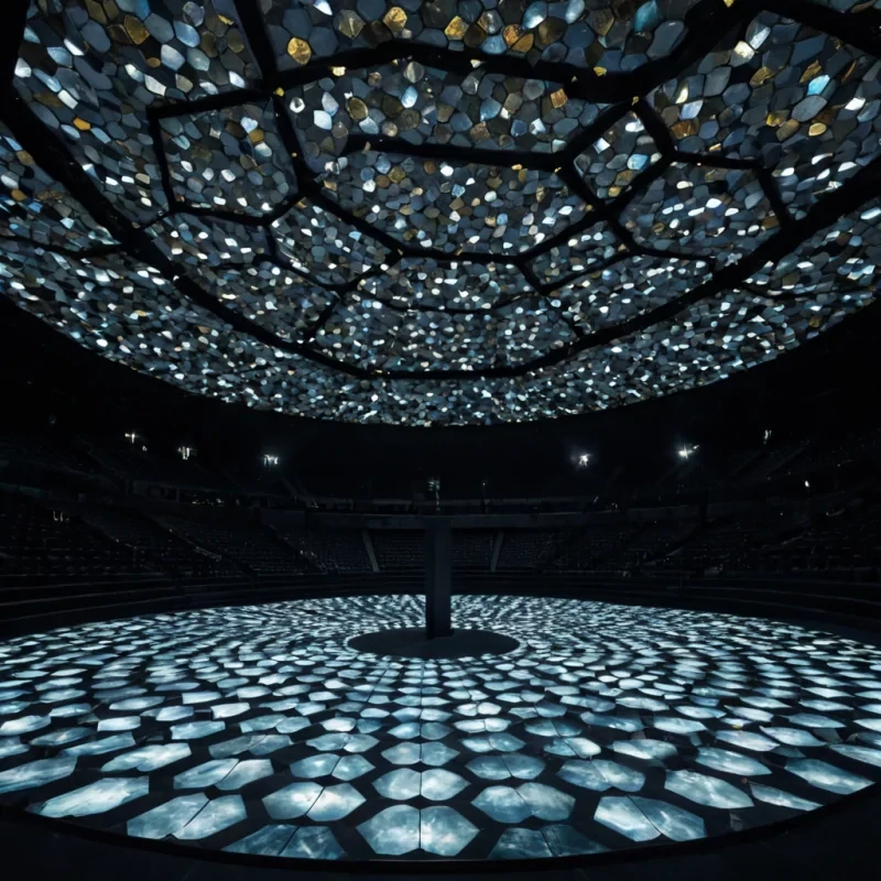 A topdown, symmetrical view of a vast, circular arena floor composed of interlocking hexagonal tiles made of iridescent motherofpearl, reflecting a ceiling that resembles a deep, starry ocean sky viewed from underwater. The arena is empty except for a single, central pedestal crafted from raw, unpolished black basalt, atop which rests a delicate, translucent origami crane made of folded sheets of gold leaf. Surrounding the arena are towering, curved walls of dark, textured obsidian that seem to absorb all light, creating a stark contrast with the soft, ethereal glow emanating from the pearl floor and the golden crane. The lighting is cinematic and volumetric, with shafts of pale blue moonlight piercing through
