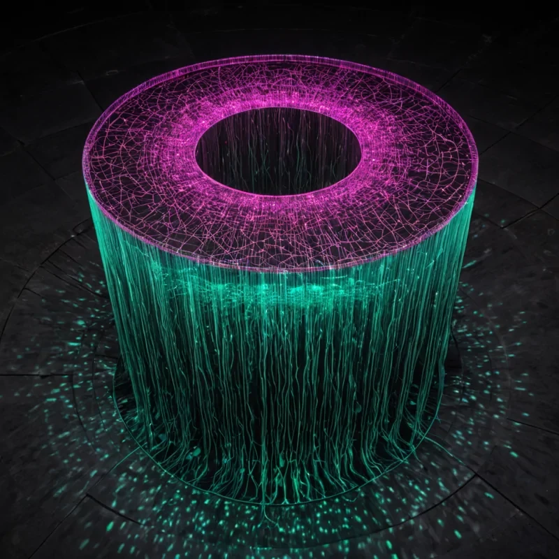 A hyperrealistic, highangle macro shot of a vast, circular arena floor composed of interlocking, hexagonal tiles of polished black basalt, each tile embedded with a tiny, bioluminescent circuit that pulses in slow, rhythmic waves of electric green. At the center of the arena stands a towering, abstract sculpture resembling a stylized, unspooled spool of thread, crafted from translucent, frosted acrylic and suspended by invisible magnetic fields. Draped over the sculpture are cascading strands of iridescent, silklike fiber optics that glow with shifting hues of magenta and cyan, casting long, intricate shadows that resemble neural networks across the dark floor. The background is a deep, voidlike space with a subtle, star