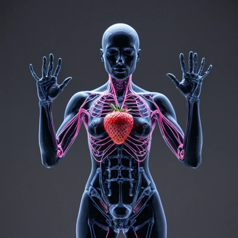 A tight, symmetrical frontal view of a singular, humanoid figure standing in a void of deep, saturated indigo. The figures skin is made of translucent, frosted white glass, revealing an intricate, internal skeleton composed of thin, glowing neonpink wires that pulse with a slow, electrical rhythm. Instead of a head, the figure possesses a perfect, rotating cube of dark, opaque obsidian, with each face displaying a different, static, monochrome photograph of a mundane 1950s kitchen scene. The figures hands are held up at chest level, palms open, holding a single, oversized, hyperrealistic strawberry that is slowly disintegrating into fine, red dust that drifts upward like reverse rain. The