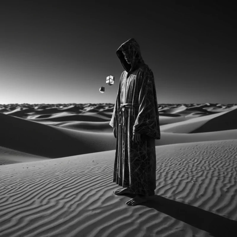 A hyperrealistic, 4K portrait of a sentient, levitating, neonlit holographic Rubiks cube, its ethereal form pulsating with intricate, bioluminescent fractal patterns, set against a surreal, monochromatic landscape of undulating, shadowy dunes, with volumetric lighting casting dramatic shadows and emphasizing the cubes dynamic, fluid movements, and a subtle, cool bokeh effect creating a sense of isolation and mystery, as a lone, spectral figure, cloaked in a tattered, hooded robe, stands silently at the edge of the frame, their face obscured by shadows, adding an enigmatic, haunting touch to the otherwise abstract scene.