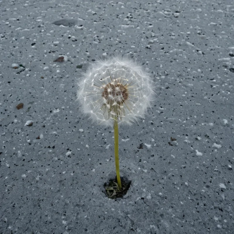 A single, selfsustaining dandelion of compressed silence blooms in the center of a vast, still tundra made entirely of solidified breaths from a civilization that communicated through the texture of unspoken promises. The dandelion does not disperse seedsit exhales a slow, spiraling mist of unformed words, each particle shaped like the negative space between two lips that never parted, glowing with the faint, subsonic resonance of a vow that was almost whispered. The tundra is not frozen groundit is a layered expanse of suspended intention, each stratum etched with the emotional residue of a handshake that never happened, its surface shimmering with the afterimage of a future that was almost chosen. The wind does