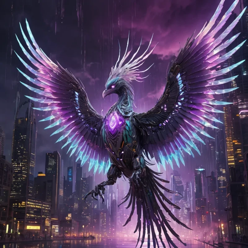 A colossal, ancient, mechanical phoenix, its metallic feathers adorned with intricate, pulsating neon circuits, descends from a stormy, amethyst sky, leaving a trail of iridescent, otherworldly contrails. Below, a labyrinthine, neonlit cityscape sprawls, its towering, obsidian spires reflecting the phoenixs ethereal glow. Suspended within its transparent, bioluminescent belly, a holographic, sentient, mechanical swarm of butterflies dances, casting ephemeral shadows on the citys inhabitants, sentient, robotic, avian creatures. Rendered in ultra HD, with dynamic lighting, atmospheric effects, and a subtle b