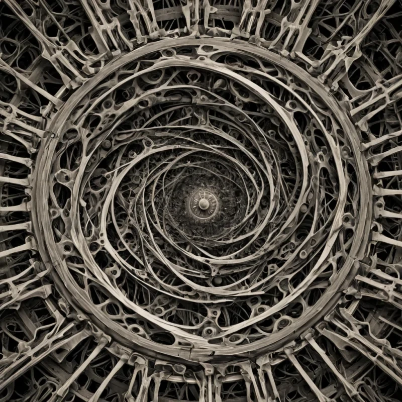 A single, selfunfolding fractal of reversed time, shaped like a 19,423dimensional lattice of unformed chronology and inverted causality, pulses through the hollow core of a vast, inverted clockwork of solidified stasis. Each node is spun from the exact moment between a second ticking and its refusal to pass, a decision being made and dissolving into nonchoice, a heartbeat syncing with the rhythm of a forgotten future and collapsing into pure, unmeasured nonsequence. The lattice does not measure timeit unmeasures it, each trembling junction shedding a layer of temporal potential that never coalesced into history, destiny, or the weight of being lived. As it pulses backward through the infinite gears of