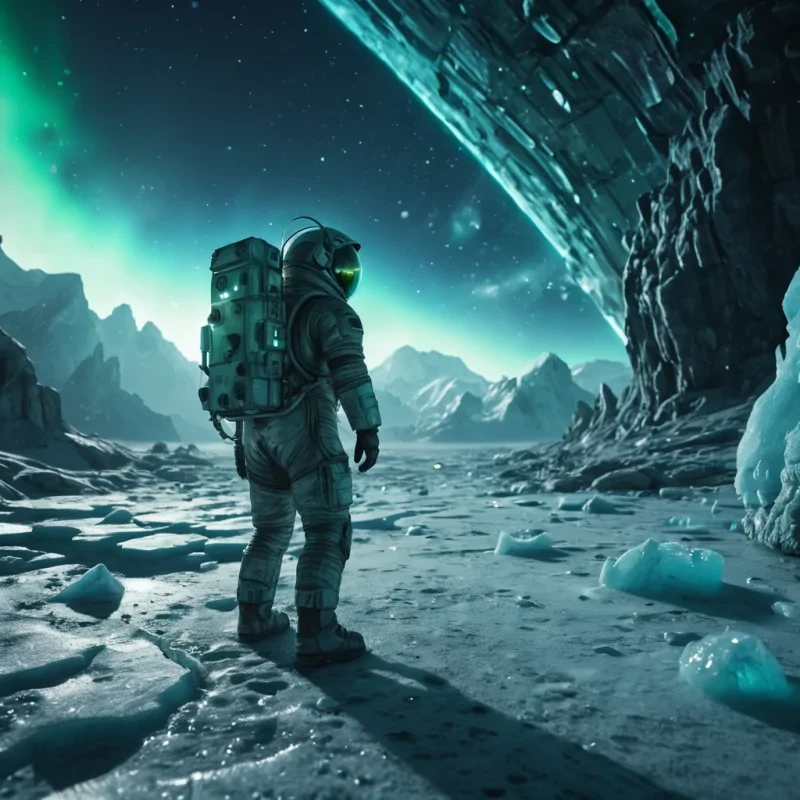 A lone astronaut exploring a desolate, icecovered planet, discovering ancient, alien murals glowing with bioluminescent pigments beneath the frozen surface, hyperrealistic, 4K, cinematic lighting, volumetric lighting, atmospheric effects, dynamic lighting, bokeh effect, soft focus, lens flare, cool blues and greens, detailed textures.