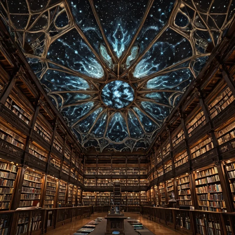 A single, rotating kaleidoscope of solidified wind and compressed light hangs suspended in the center of a vast, still library built from the hollowedout bones of extinct constellations. The kaleidoscope is not glass, but a fractal lattice of selfrepairing ice that refracts not colors, but emotionseach facet revealing a different tone of sorrow, curiosity, or quiet joy, rendered as shifting auroras of sound that bloom into visible harmonics when touched by a breath. The librarys shelves are not wood, but solidified moments of silence from a thousand unspoken conversations, each one etched with the faint, ghostly script of a name that was never spoken aloud. Between the shelves, the air hums with