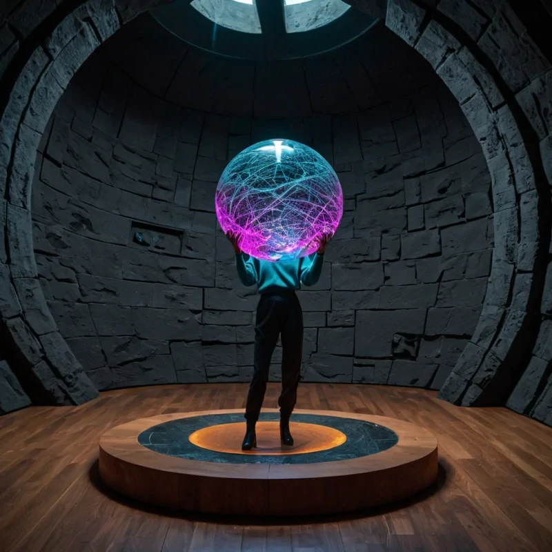 A horizontal, eyelevel medium shot of a subterranean observatory carved from layers of compressed, dark basalt and glowing orange amber. The room is circular, with a floor made of polished black slate that reflects the intricate ceiling structure. The ceiling is a massive, domed armillary sphere constructed from thin, glowing tubes of liquid neon in hues of magenta and cyan, rotating slowly in silent synchronization. In the center, a figure wearing a textured, charcoalgrey knitted sweater and highwaisted trousers stands on a small, raised platform made of raw, unpolished wood. They are holding a transparent, spherical device filled with swirling, silver liquid metal that mirrors the movement of the celestial models above. The lighting is dramatic and low