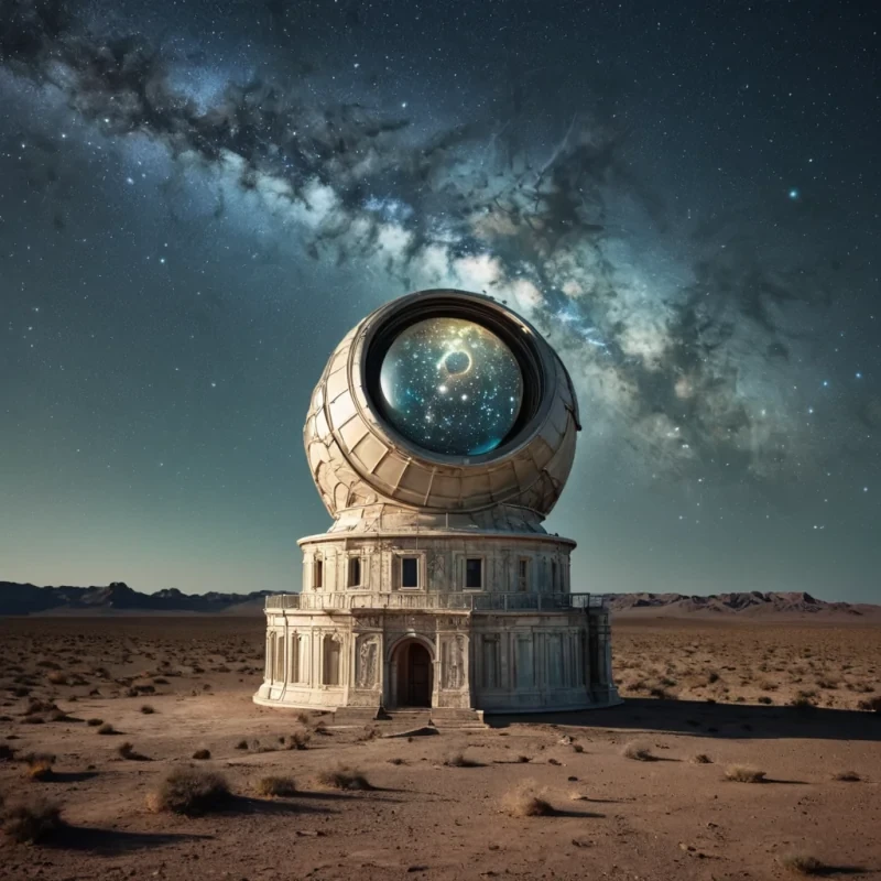 An opalescent, colossal, ancient observatory, its spectral, meteoritepitted form nestled within the heart of a desolate, starlit desert, stands as a silent, celestial sentinel. The observatorys colossal, dormant telescope, a labyrinth of interlocking, iridescent lenses, casts dynamic, otherworldly beams across the cosmos, revealing intricate, ancient astronomical diagrams etched into the weathered, stardustkissed metal surface. Within, a spectral figure, clad in a tattered, vintage astronomers coat, drifts through the desolate, luminescent interior, their form composed of swirling, stardustkissed motes of light. Ultra