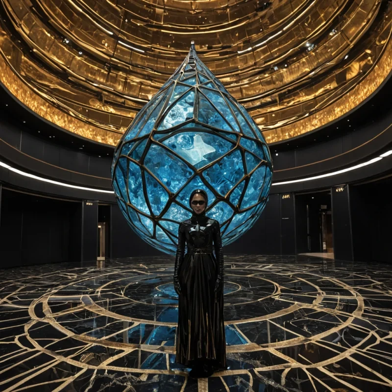 A horizontal, eyelevel wide shot of a vast, indoor atrium constructed from layered sheets of translucent, amberhued resin that encapsulate fossilized, geometric structures resembling ancient circuit boards. The floor is a highly reflective surface of polished, dark obsidian that mirrors the towering, curved walls. Suspended from the ceiling are hundreds of elongated, teardropshaped vessels made of frosted glass, each containing a swirling mixture of liquid gold and suspended, glowing blue crystals that rotate slowly. In the center foreground, a figure wearing a structured, asymmetrical outfit made of stiff, matteblack leather with intricate silver stitching stands holding a large, circular lens frame made of brushed brass. The figure is looking through the frame at a single, floating,