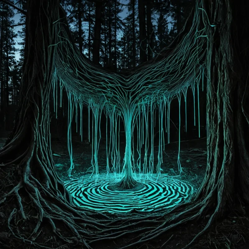 A labyrinthine network of selfrepairing, bioluminescent roots spreads beneath the surface of a planet made entirely of solidified soundwaves, each root glowing with a different frequency of forgotten music. The roots form intricate, pulsating tunnels that shift in shape with every note played in the atmosphere, their surfaces etched with the spectral fingerprints of extinct symphonies. Above ground, a forest of hollow, crystalline trees stands in perfect silence, their trunks carved from compressed silence and their branches shaped like frozen wind chimes. At the heart of the forest, a single, perfect tuning fork made of solidified moonlight vibrates at the frequency of universal harmony, emitting ripples that cause the roots to glow brighter and the trees to