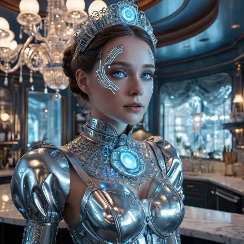 A hyperrealistic, 4K, ultra HD portrait of a enigmatic, android maid with iridescent, metallic skin and eyes that glow with a soft, ethereal blue light. The maids sleek, Victorianinspired uniform is adorned with intricate, glowing circuitry patterns that pulse gently, casting a mesmerizing, bokeh effect across her form. The background is a lavishly appointed, retrofuturistic kitchen, with chrome appliances and holographic displays etched with alien recipes. Cinematic lighting from a giant, crystalline chandelier above accentuates the maids otherworldly features, while a soft focus blurs the opulent surroundings, creating an air of mystery and allure.