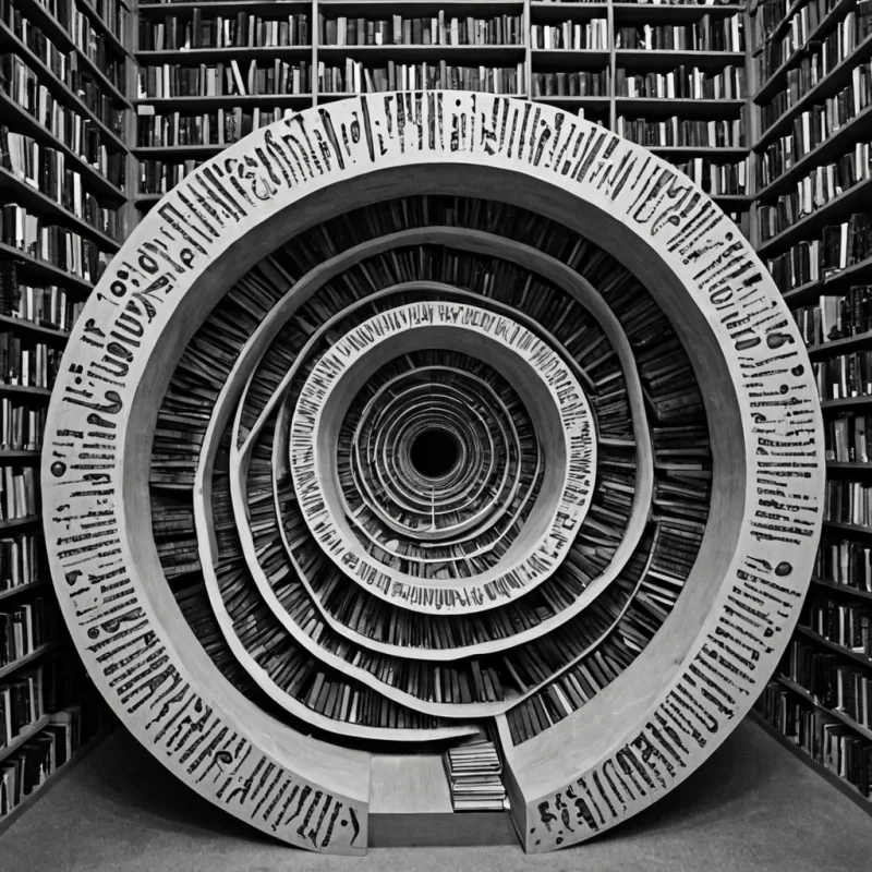 A single, selfrewriting glyph of reversed language, shaped like a 3,107dimensional spiral of unformed syntax and inverted meaning, pulses at the center of a vast, inverted library of solidified silenceeach book carved from the exact moment between a word being spoken and its refusal to be understood, a sentence forming and dissolving into nonsemantic mist, a story beginning and collapsing into pure, unmeasured absence. The glyph does not writeit unwrites, each rotating character shedding a layer of linguistic potential that never coalesced into coherent narrative, reforming into ephemeral, amethystveined afterimages shaped like the negative space between two lips that never parted to speak a name that never existed in any tongue