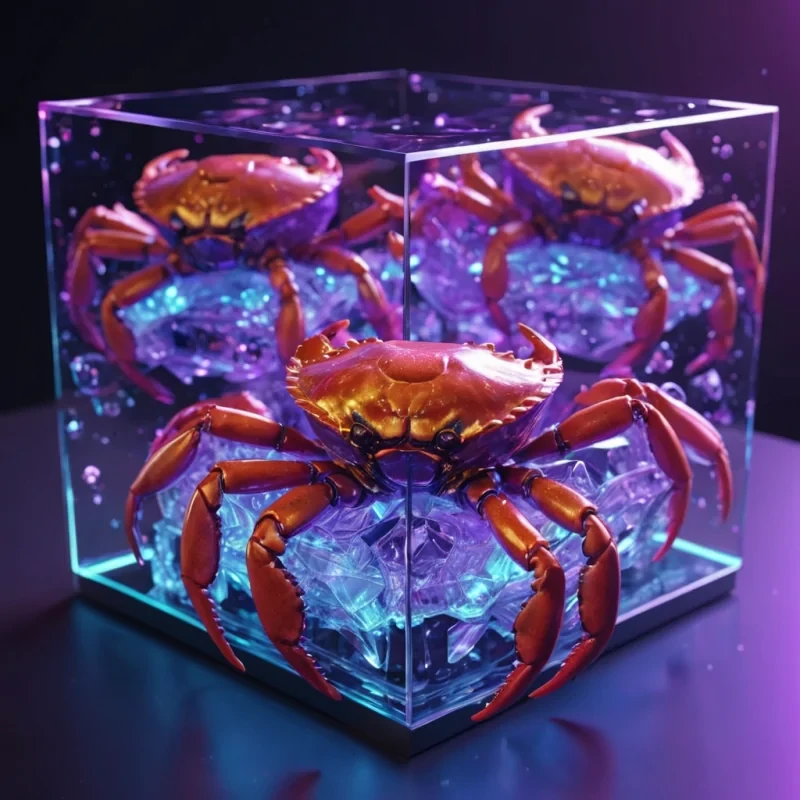 Hyperrealistic neon crabs with reflective metallic shells scuttling in a cubic amethyst chamber filled with luminous quantum fluid, holographic filaments dancing in dynamic lighting, soft focus, vibrant colors, 4K