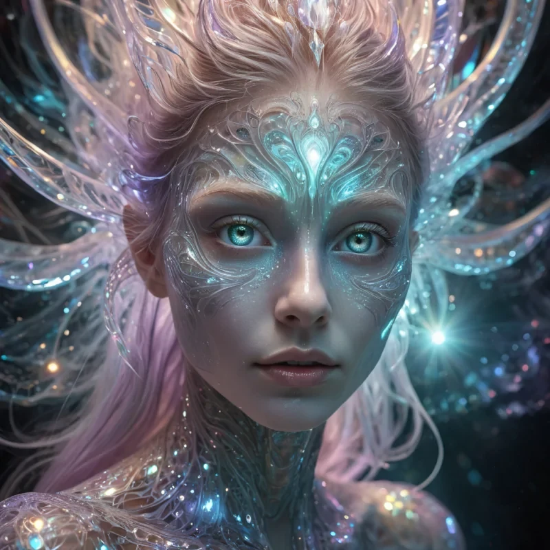 A hyperrealistic, 4K, ultra HD, photorealistic portrait of a mysterious, ethereal being with opalescent, iridescent skin and eyes that shimmer with an otherworldly, prismatic glow. The beings face is framed by cascading, fractal, crystalline hair that unfurls in zero gravity, creating an intricate, dynamic, and mesmerizing pattern. Cinematic lighting bathes the portrait in a soft, ethereal glow, with lens flare emphasizing the beings radiant, alien essence. Vibrant, pastel hues and detailed textures bring the ethereal being to life, capturing its enigmatic, surreal beauty in a symphony of color and light.