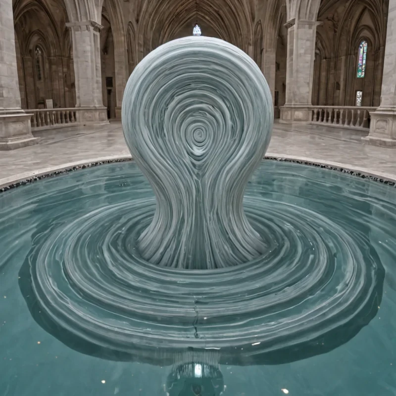 A single, selfreflecting pool of reversed liquidity, shaped like a 1,897dimensional toroidal vortex of unformed viscosity and inverted flow, rests at the center of a vast, inverted cathedral of solidified breatheach column carved from the exact moment between an inhalation and its refusal to expand, a sigh forming and dissolving into nonaerodynamic haze, a whisper coiling and collapsing into pure, unmeasured stillness. The pool does not contain waterit uncontains it, each rippling surface shedding a layer of fluid potential that never coalesced into tangible motion, reforming into ephemeral, aquamarinethreaded afterimages shaped like the negative space between two lungs that never synchronized in silent communion