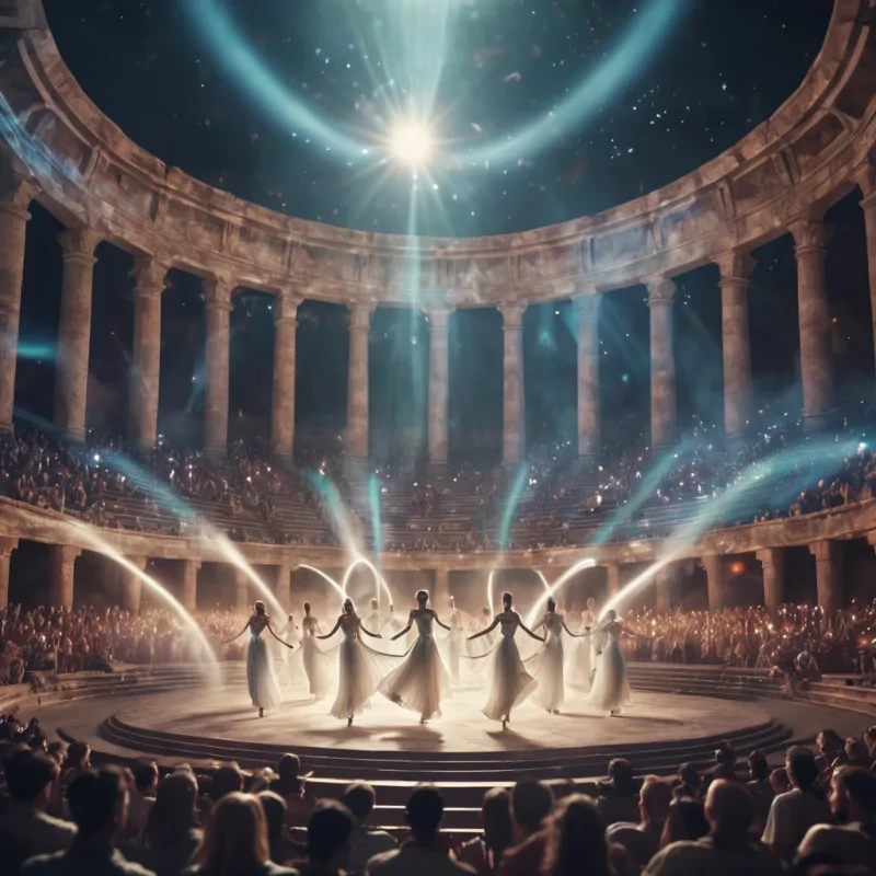 A grand, ancient amphitheater filled with holographic performers, their luminous forms dancing in midair, hyperrealistic, 8K, cinematic lighting, volumetric lighting, atmospheric effects, dynamic lighting, bokeh effect, soft focus, lens flare, ethereal tones, detailed textures.