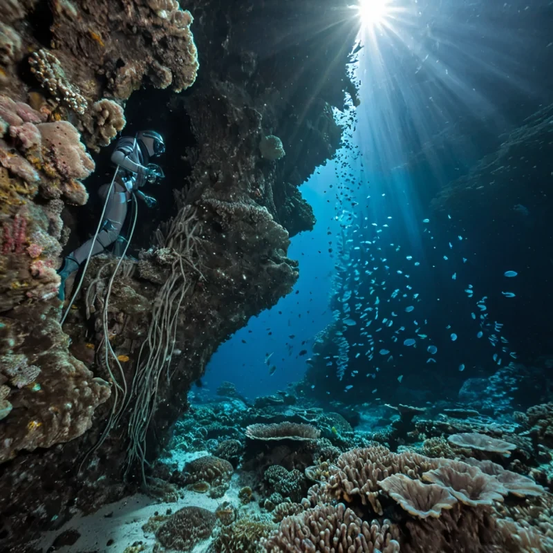 A horizontal, eyelevel wide shot of a colossal, submerged coral cathedral built into the side of a vertical underwater cliff, where ancient stone arches are overgrown with vibrant, neonblue polyps and swaying kelp forests. Sunlight filters down from the surface in thick, volumetric beams of turquoise light, illuminating dustlike marine particles that dance in the water column. In the center, a marine archaeologist wearing a sleek, transparent pressure suit with integrated bioluminescent circuitry carefully brushes sediment off a small, intricate artifact made of polished abalone shell. The artifact glows with a soft, internal white light, contrasting with the deep indigo shadows of the surrounding reef. The background features a school of silver fish moving in a