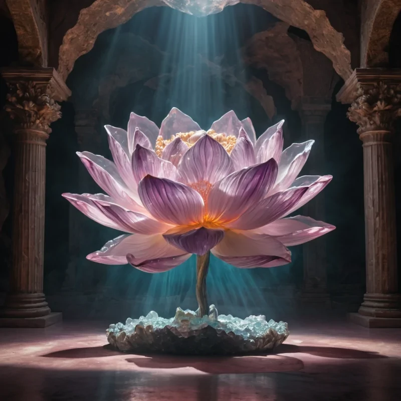 Suspended in the heart of a colossal, ancient crystal geode, a solitary, levitating, hyperrealistic lotus flower blooms, its vibrant, otherworldly petals unfurling towards the geodes distant, glowing walls. Cinematic lighting from an unseen source casts dramatic shadows, while dynamic, volumetric lighting creates a soft, pastel glow. The flowers delicate, detailed textures reflect the geodes intricate, luminescent patterns, as atmospheric effects create a mesmerizing dance of light and color.
