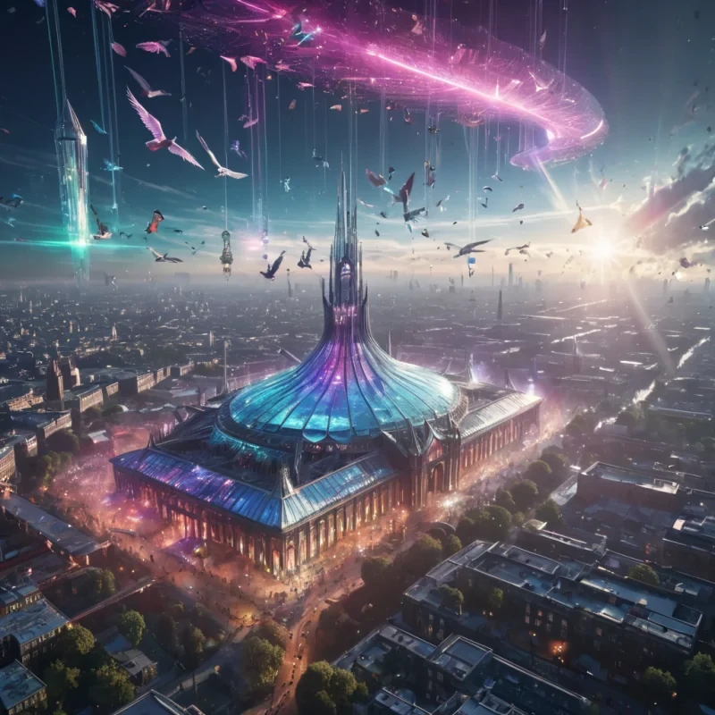 A levitating, crystal palace suspended over a sprawling, futuristic city, its walls adorned with holographic murals depicting ancient alien civilizations, while robotic birds with iridescent feathers soar through the air, leaving trails of stardust, hyperrealistic, 4K, cinematic lighting, volumetric lighting, atmospheric effects, lens flare, vibrant colors, detailed textures.