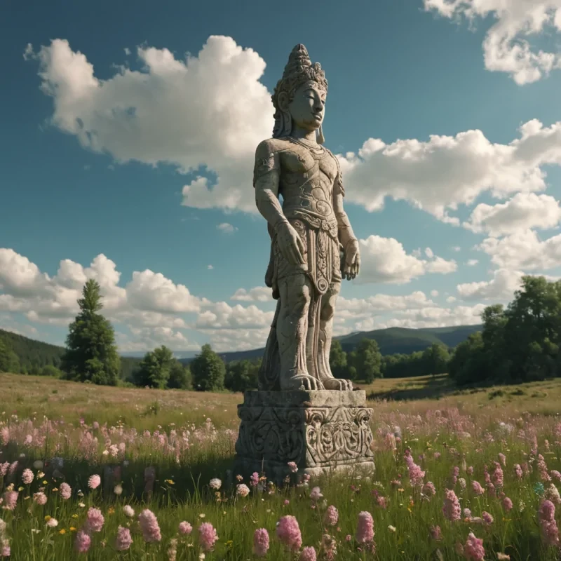 A solitary, ancient stone statue of a forgotten deity, standing tall amidst a vast, open meadow blanketed in wildflowers, its surface adorned with intricate, mosscovered carvings that seem to shift and change under the dappled sunlight filtering through a sky filled with cottoncandy clouds, hyperrealistic, 4K, cinematic lighting, volumetric lighting, atmospheric effects, bokeh effect, pastel tones, detailed textures.
