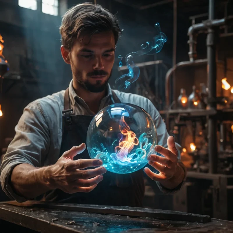 A hyperrealistic, 4K portrait of a serene, levitating glassblower in a zerogravity, bioluminescent foundry, their translucent, glowing hands deftly shaping molten, iridescent glass into intricate, otherworldly forms, with cinematic lighting casting soft shadows and emphasizing the mesmerizing dance of liquid light, and a subtle, warm bokeh effect creating a sense of ethereal tranquility.