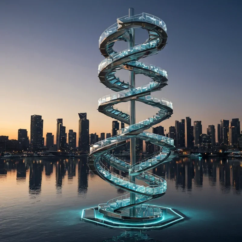 A horizontal, eyelevel wide shot of a surreal, vertical cityscape built entirely on the exterior of a colossal, spiraling DNA helix that rises from a sea of liquid mercury. The double helix strands are constructed from polished, translucent ribbons of iridescent motherofpearl that shift between soft pearlescent white and deep oceanic blue, while the connecting rungs are delicate bridges of glowing, warm amber light that pulse rhythmically. Suspended from these bridges are numerous floating, hexagonal habitats made of frosted glass and brushed aluminum, each containing a miniature, selfsufficient ecosystem of floating water gardens with rare, bioluminescent aquatic plants and small, mechanical birds crafted from copper and porcelain. The sky above is